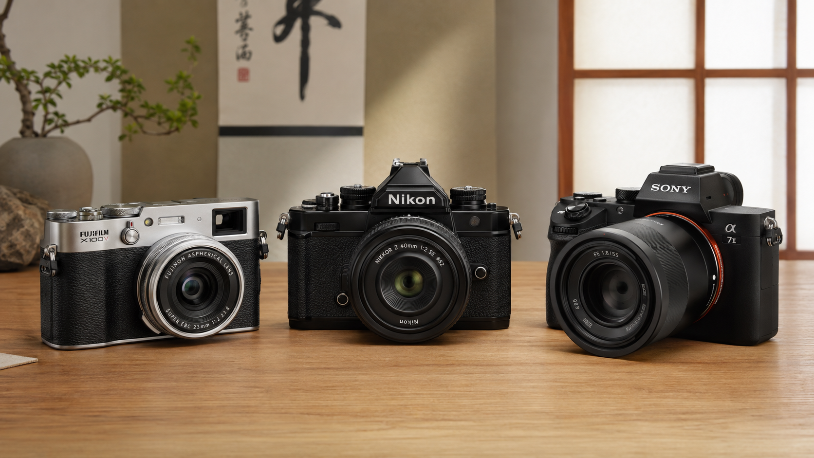 Collection of premium Japanese digital cameras on a wooden table