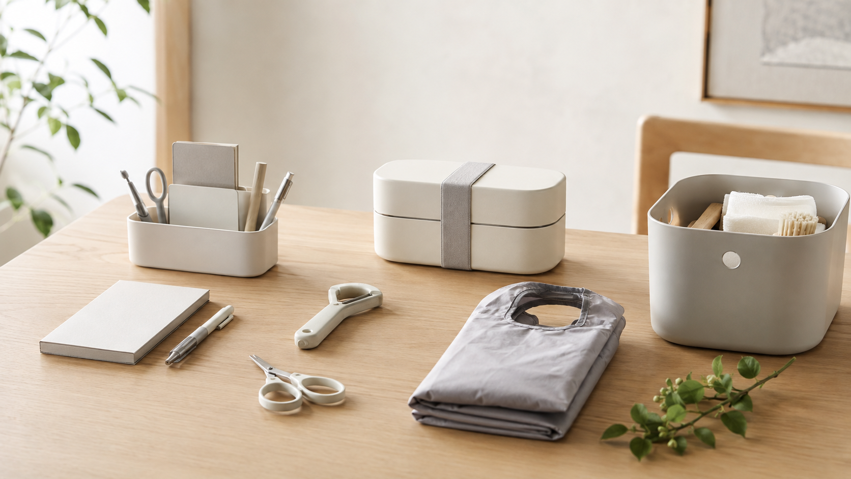A collection of clever Japanese everyday products including stationery, kitchen tools, bento gear, and organizers.