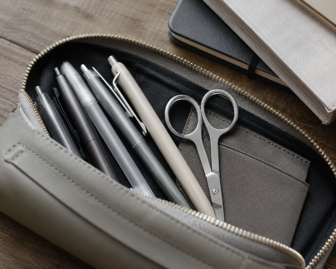 Slim portable scissors stored inside a pencil case.