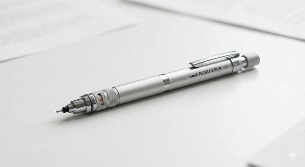 Uni Kuru Toga Roulette Model silver mechanical pencil for a premium Japanese stationery gift
